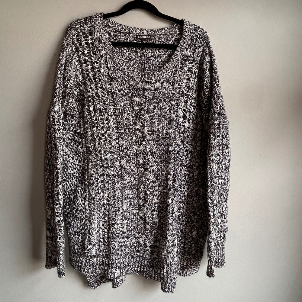 Express Womens Black White Marled Chunky Cable Knit Oversized Sweater Small